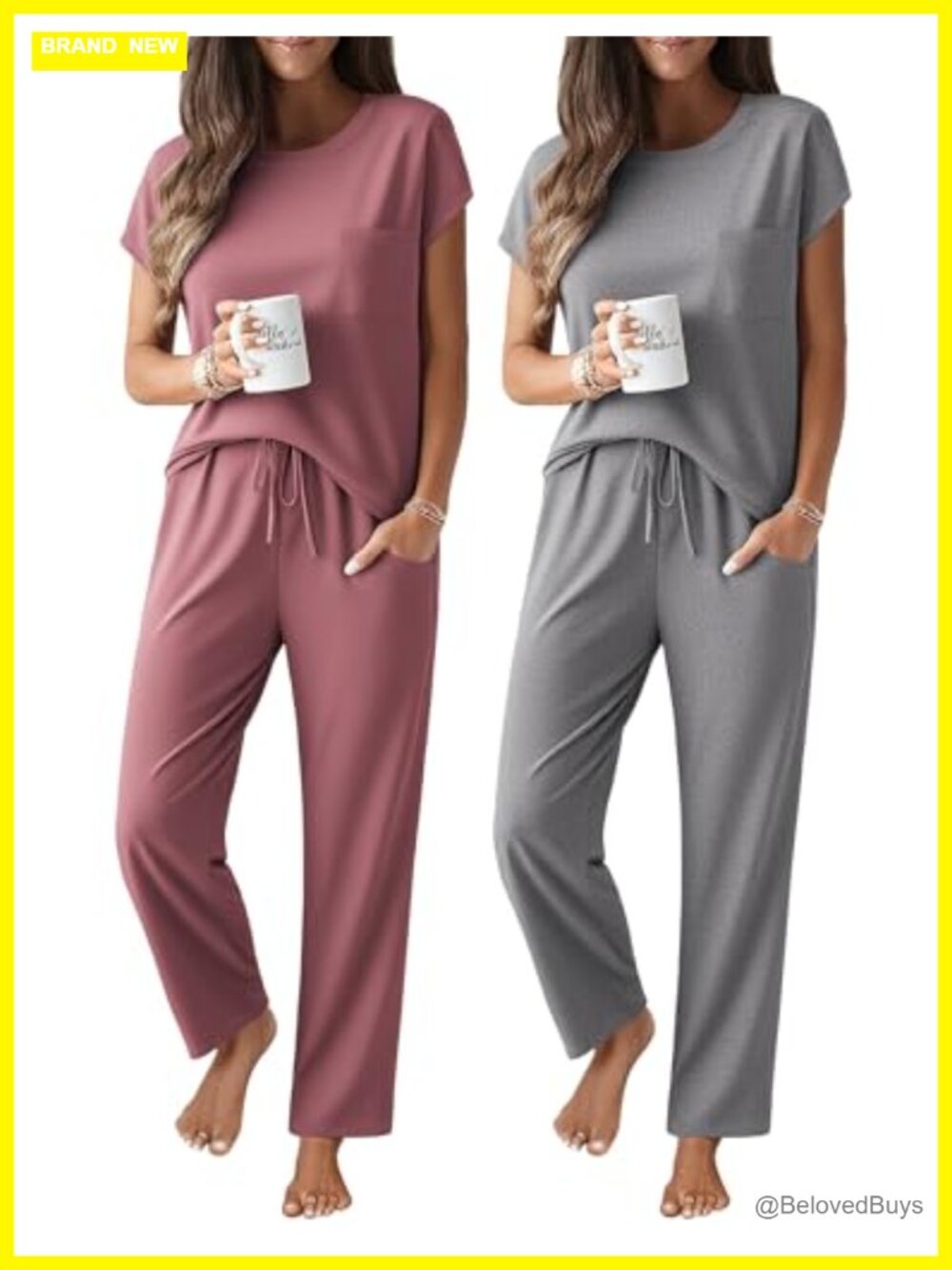 Ekouaer 2 Pack Pajama Set Cap Sleeve Top and Pants Lounge Set